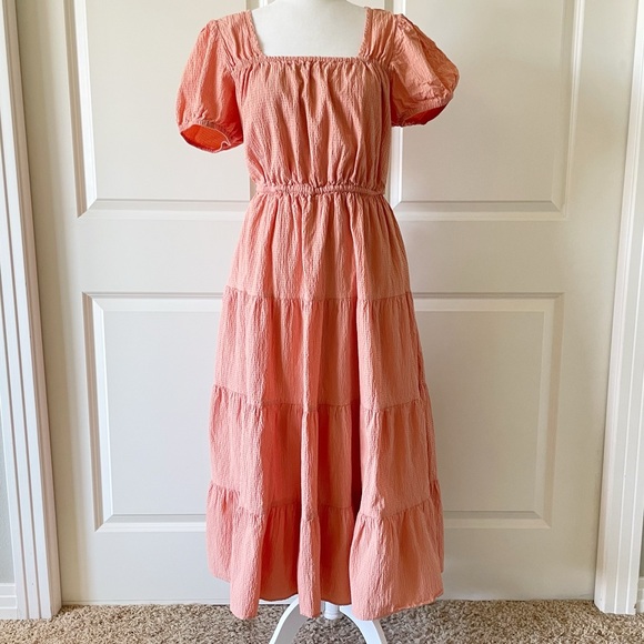 & Other Stories Tiered Puff Sleeve Open Back Cotton Midi Dress Size Large - Picture 3 of 15